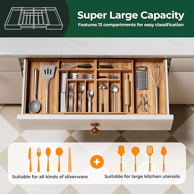 Large Silverware Organizer, 13 Slots Magnetic Connected Expandable Bamboo Utensil Drawer Organizer From 21 to 37.4 Inches, Adjustable Flatware and Cutlery Holder, Utensil Tray for Kitchen Natural