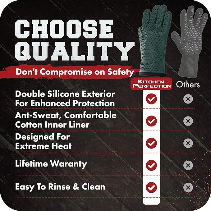 KITCHEN PERFECTION Silicone Smoker Oven Gloves - Extreme Heat Resistant BBQ Gloves - Handle Hot Food Right on Your Grill Fryer Pit | Waterproof Oven Mitts | Superior Value Set + 3 Bonuses