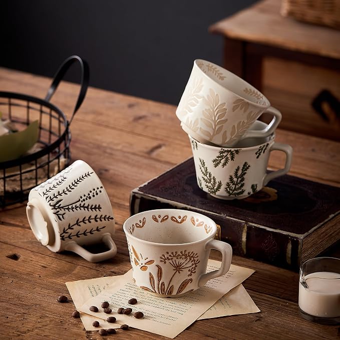 12oz Vintage Ceramic Coffee Mug Set of 2 - Handmade Stoneware Pottery Countryside Farmhouse Fall Autumn Tea Mugs with Big Handle for Latte,Cocoa,Dishwasher & Microwave Safe Cups (Plants)