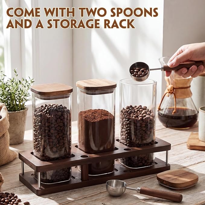 Suclain 3 Pcs 34 oz Glass Coffee Grounds Container with Shelf Glass Coffee Bean Storage Canisters with Airtight Lid and Measuring Spoon Food Storage Jars for Kitchen Sugar (Delicate Style)