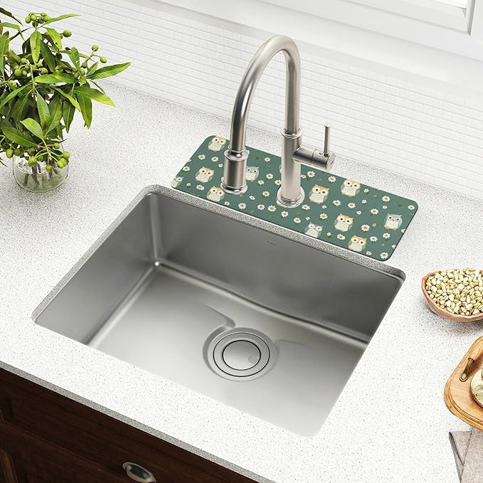 Kitchen Sink Splash Guard 1 PC 14.7 Inch Sink Faucet Mat Splash Guard for Bathroom Countertop Water Absorbent Foldable Cuttable Soft Washable White Daisy Flower Owls