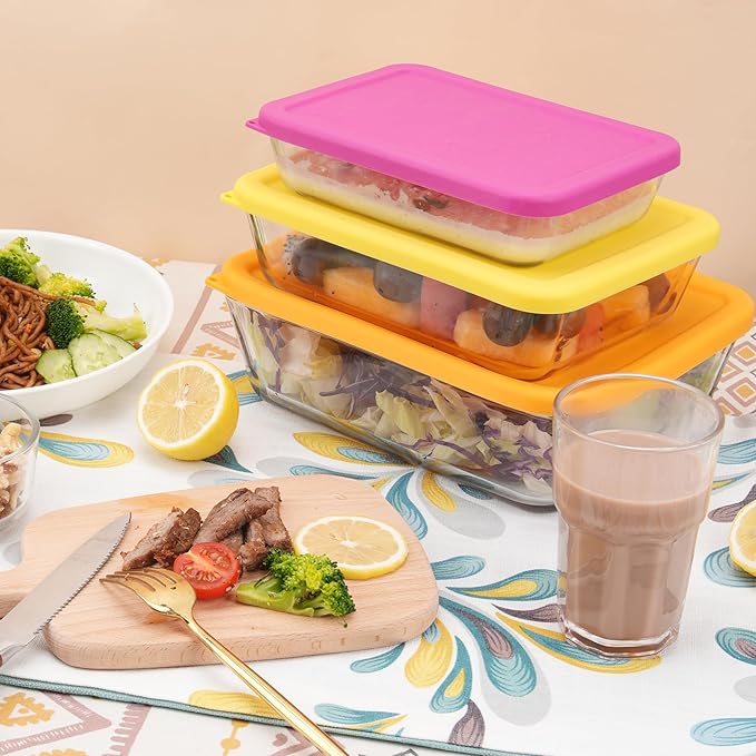 3 Cup 6 Cup 11 Cup Rectangle Silicone Storage Cover Lids Replacement for Pyrex 7210-PC, 7211-PC, 7212-PC Glass Bowls, (Container not Included) 6 Pack, Microwave, Dishwasher and Freezer Safe