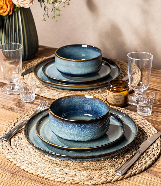 TheTerra Ceramic Dinnerware Sets for 4, 12 Pieces Porcelain Lightweight Plates and Bowls Sets, Scratch Resistant Dish Set, Oven & Microwave & Dishwasher Safe, Denim Blue