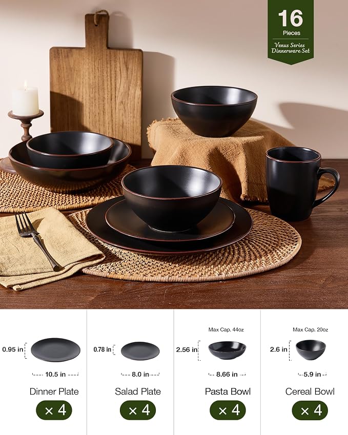 Famiware Venus Stoneware Dinnerware Sets with Pasta Bowls for 4, 16-Piece Plates and Bowls with Trim, Matte Black - Chip‑Resistant Ceramic Dish Set for Everyday & Formal Use, Microwave/Dishwasher Safe