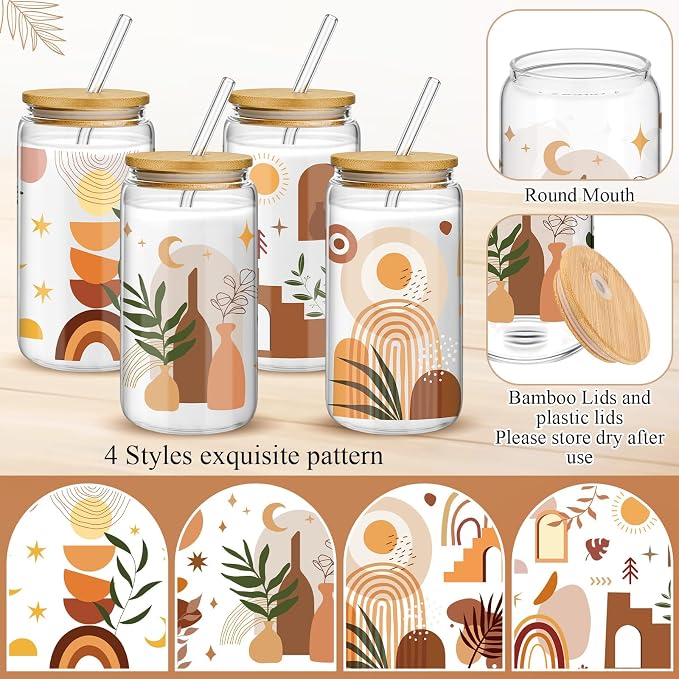 Mumufy 4 Pack Wildflower Glass Cups Gift Aesthetic Cute Glass Cup Tumbler Flower Iced Coffee Mugs 16 oz with Bamboo Lid & Straw, for Wedding Birthday Bridesmaid Mom Baby Shower