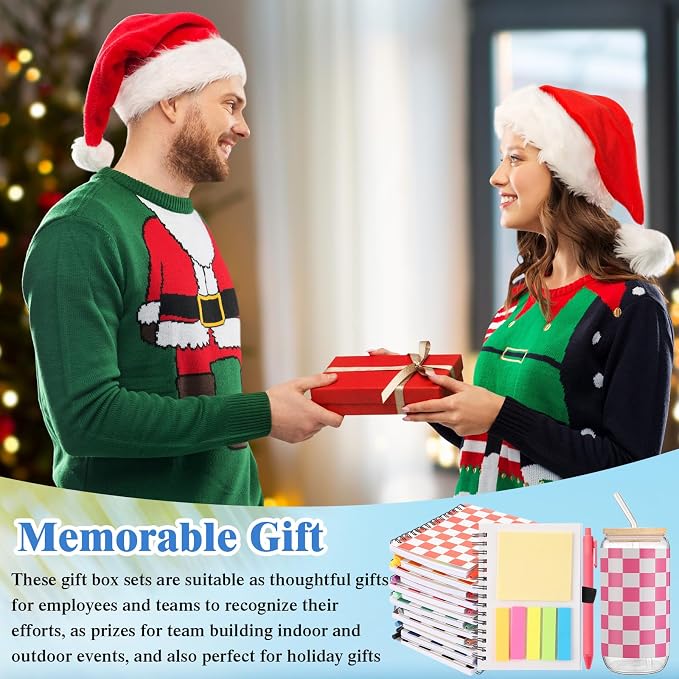 Skylety 12 Set Back to School Gingham Cup Bulk Teachers Appreciation Gifts 16 oz Pastel Checkered Glass Cups with Lids Straws Spiral Notebooks Pens for Silly Goose Birthday Classroom Student Supplies