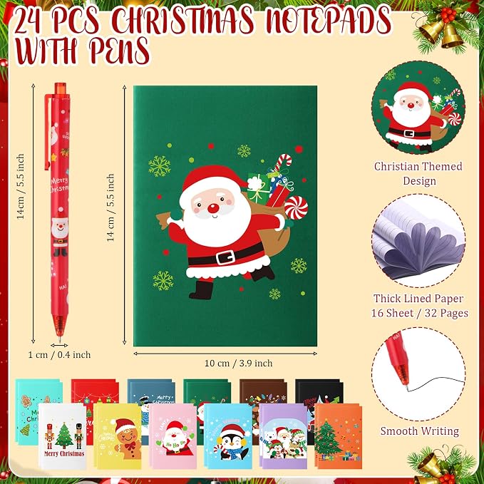 Feifeiya 72 Pcs/ 24 Set Bulk Gifts for Christmas 24 oz Christmas Tumbler with Lids and Straws Xmas Pens Notepads Set Reusable Plastic Cups for Holiday Classroom Gift Party Favor Employee