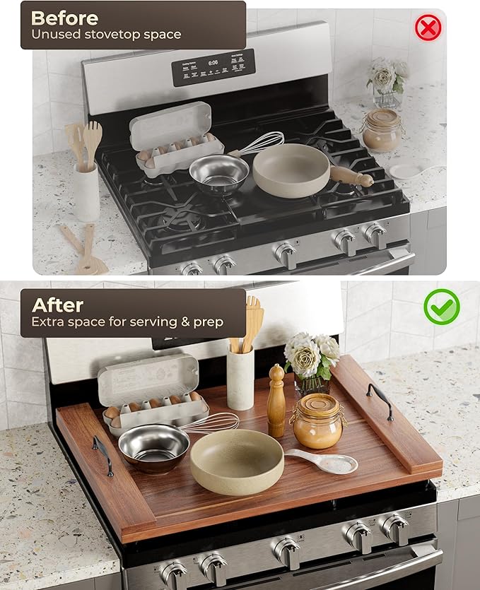 BLUEWEST Noodle Board Stove Cover, Acacia Wood Stove Top Board for Gas Burners and Electric Stove, Extra Thick Wooden RV Stovetop/Sink Cover - Tray for Kitchen Counter Space