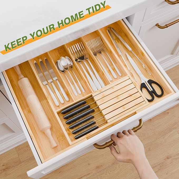 Bamboo Kitchen Silverware Drawer Organizer - Expandable Wood Utensil Holder with Dividers, Luxury Cutlery Storage Tray for Kitchen Utensil and Flatware (5-7 Slots with Removable Knife Block, Natural)
