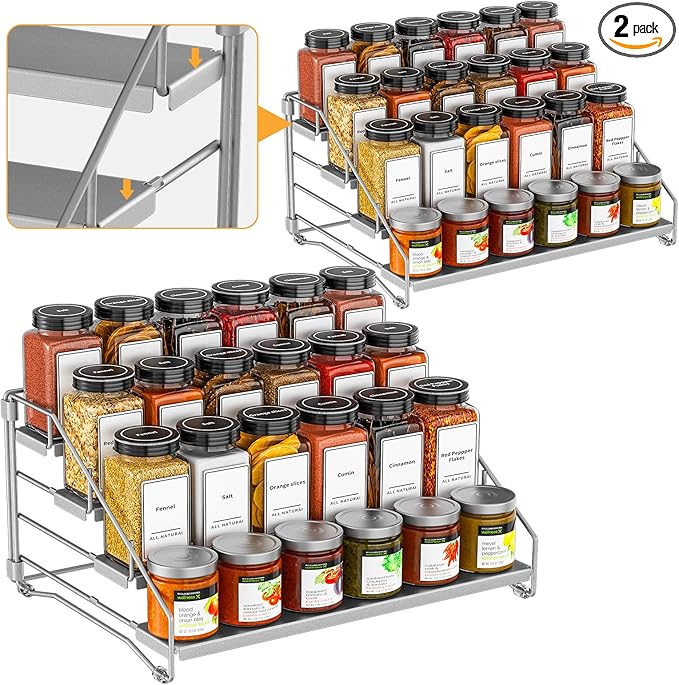 BOIVSHI 4 Tier Spice Rack Organizer for Cabinet, Spice Rack Organizer, Depth Adjustable Spice Organizer for Cabinet, Countertop, Cupboard, Pantry, Seasoning Shelf, Metal, Gray (2 Pack)