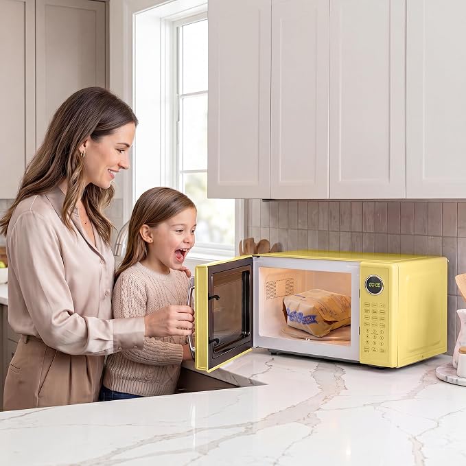 Nostalgia Modern Retro Compact Countertop Microwave Oven - 1.1 Cu. Ft. - 1000-Watts with LED Digital Display - Child Lock - Easy Clean Interior - Yellow
