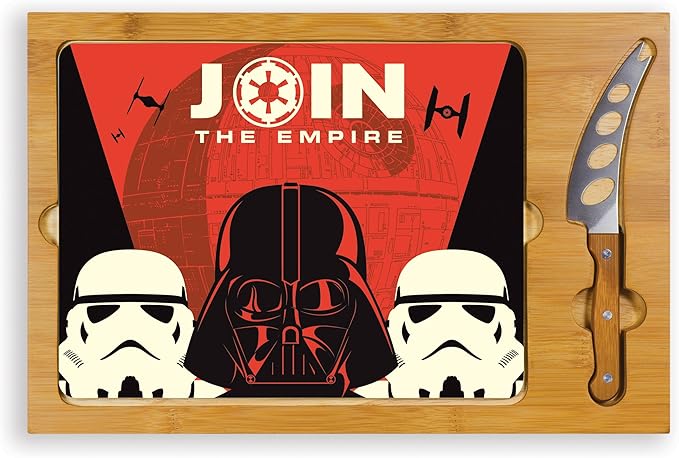 PICNIC TIME Star Wars Empire Icon Glass Top Cheese Board and Knife Set, Charcuterie Serving Tray, Removable Tempered Glass, Parawood and Bamboo Design, (Parawood & Bamboo)