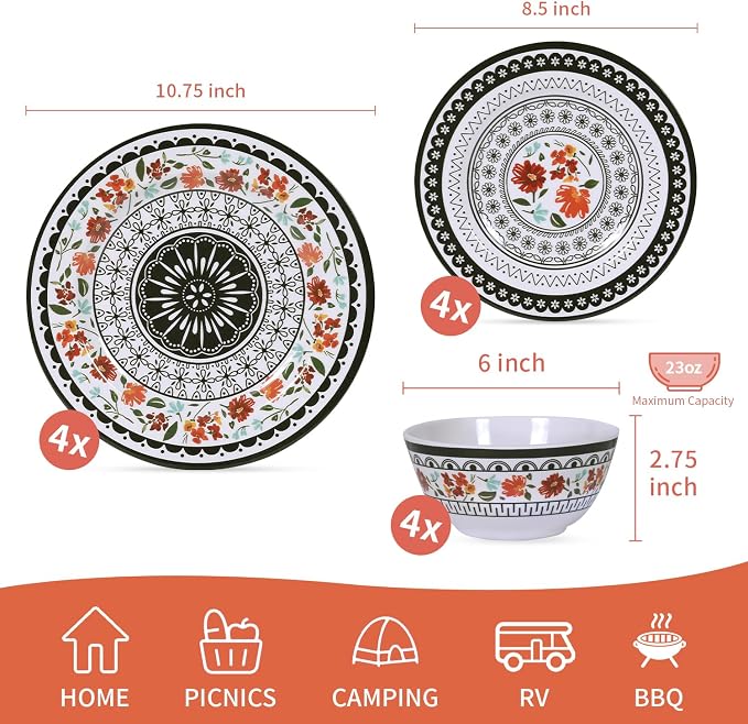 12-Piece Melamine Dinnerware Sets, Unbreakable Dinner Dishes Set for Indoor and Outdoor Use, Dishwasher Safe, Lightweight Dinner Service for 4, Black and White