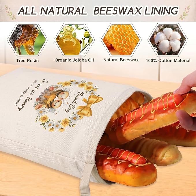 Beeswax Bread Bags for Sourdough, 2 Pack Reusable Bread Bag for Storage XL 17x13 Inch, Daisy Print Bread Bags for Homemade Sourdough - Keep Fresh, Freezer Safe