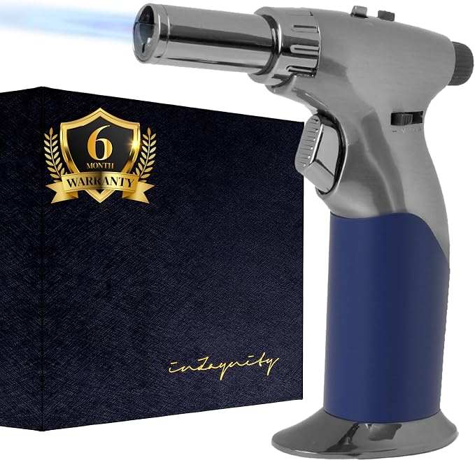 Dual Flame Butane Torch Gun - Refillable Luxury Hand Held Mini Blow Torch for Cooking, Creme Brulee, Soldering, Welding, & Resin Art - Adjustable Flame with Ignition Lock - Steel Blue by inZaynity®