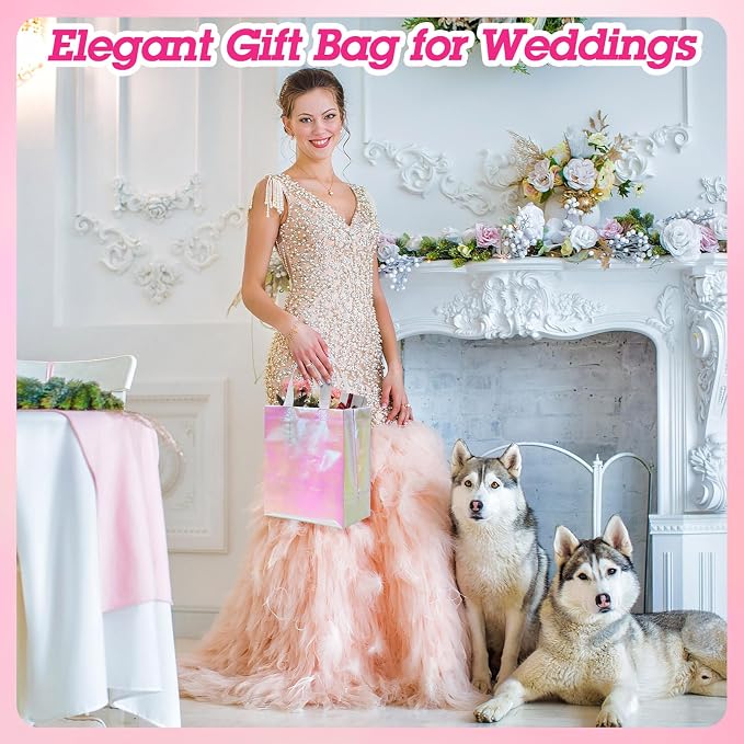 Eccliy Reusable Gift Bags Set Glossy Grocery Gift Tote Bag with Handle for Wedding, Bridal Shower, 4th of July, Summer Event(10 x 8 x 4.7 Inch,Holographic Pink,80 Pcs)