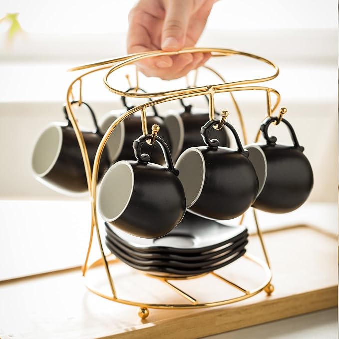 LYEOBOH Espresso Cups with Saucers Set, 3 Ounces Porcelain Coffee Cups with Metal Stand and Spoons, Cappuccino Cups Cute Demitasse Cups for Coffee Drinks, Latte, Tea Set of 6, Black