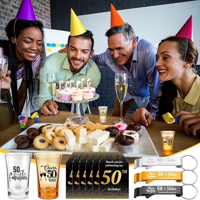 Domensi 50 Sets 50th Birthday Party for Guests Bulk Include Cheers to 50 Short Glasses Beer Bottle Opener Keychains Thank You Cards with Gift Bags and Ropes for Birthday Party Gifts