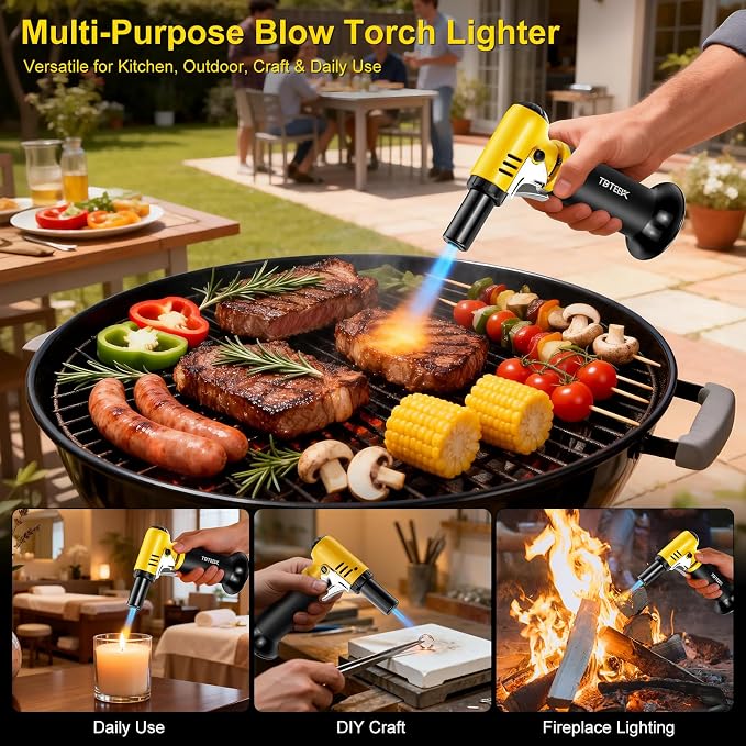 TBTeek Butane Torch with Fuel Gauge T907, One-hand Operation Kitchen Torch Lighter with Adjustable Flame for BBQ, Baking, Brulee Creme, Crafts and Soldering(Butane Gas Not Included)