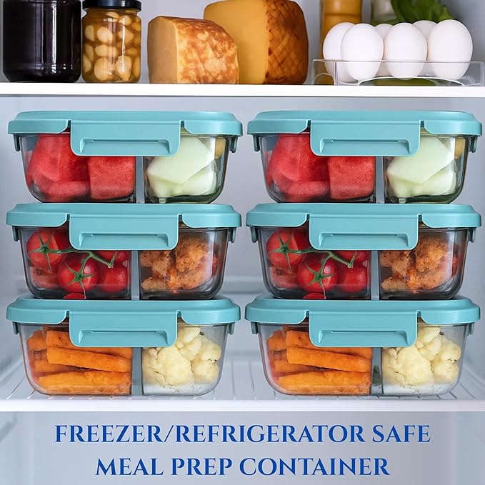 Neoflam 12-Pieces Airtight Kitchen 2 Compartment Storage, Oval Bento Glass Food Container with Vent, Microwave Meal Prep Canister, Dishwasher and Oven Safe (37 oz / 1.1 Liter / 4.6 cups)