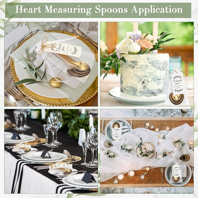 Umigy 12 Set Heart Shaped Measuring Spoon Tea Spoons Wedding Baby Shower Favors for Guests Set Heart Shape Drawstring Organza Bag Gift Tag Rope for Wedding Bridal Shower Souvenir (Gold)
