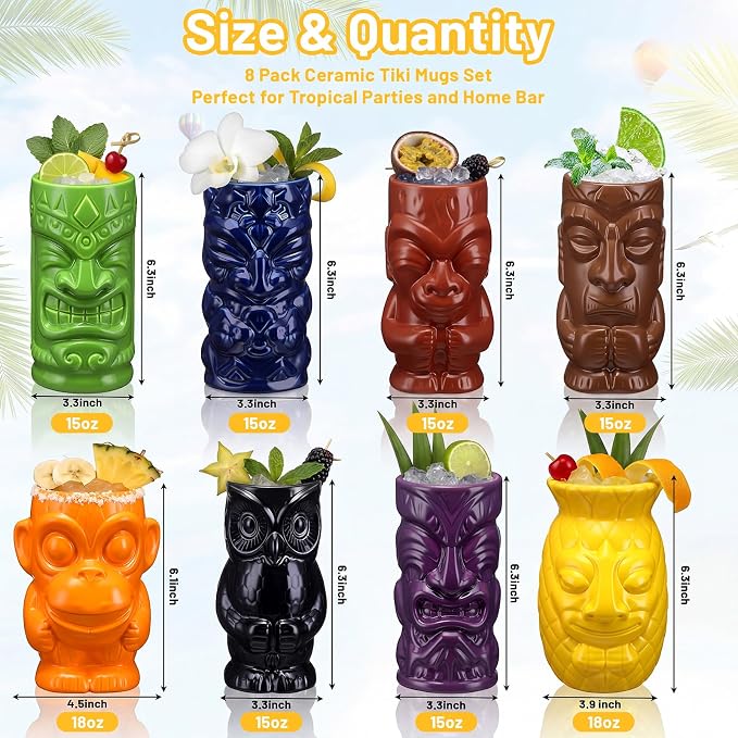 Yungyan 8 Pcs Ceramic Tiki Mugs for Cocktails Tiki Cups for Party Hawaiian Cups Tropical Drinkware for Luau Exotic Party Barware Home Bar Decoration (Mixed Styles)