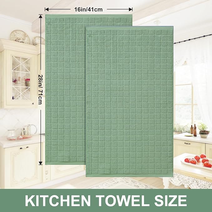 Homaxy Premium Cotton Kitchen Towels 16"x 28", Large Natural Ring Spun 390 GSM Dish Towels, Super Absorbent Terry Kitchen Hand Towels, Soft Tea Towels with Hanging Loop, Pure Grass Green, 4 Pack