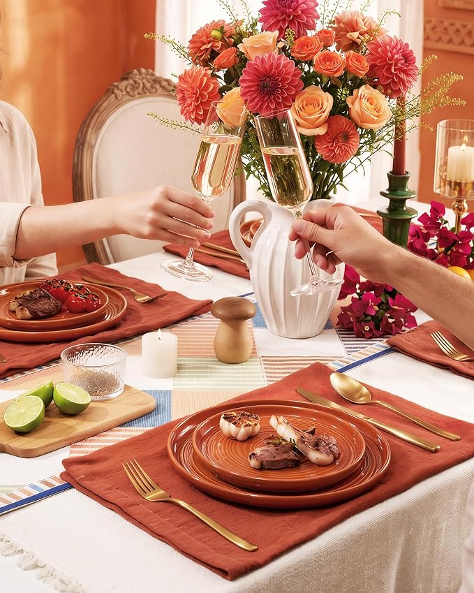 12-Piece Stoneware Dinnerware Sets for 4 - Coupe Plates and Bowls with Speckles & Spirals - Chip & Scratch Resistant, Microwave & Dishwasher Safe - Farmhouse Dishes, Terracotta