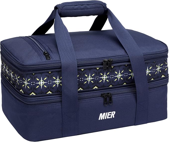 MIER Insulated Double Casserole Carrier Bag for Lasagna Lugger, Potluck Parties, Picnic, Beach, Fits 9 x 13 Inches Baking Dish, Casserole Dish, Expandable, Dark Blue