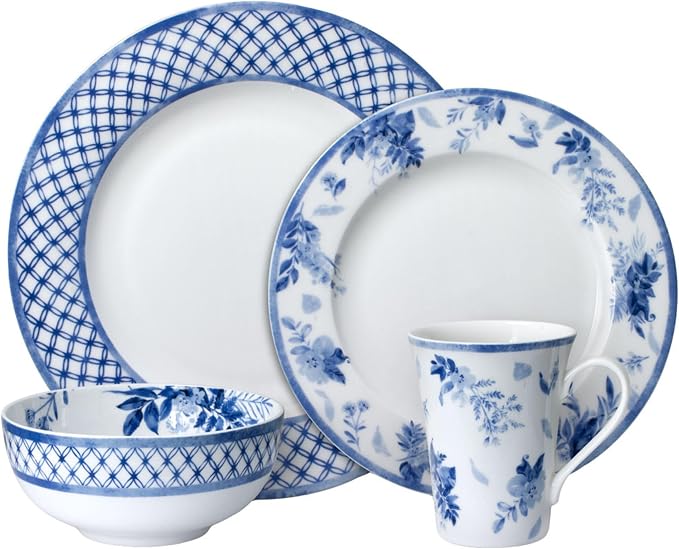 Mikasa Kiley Bone China Lightweight Chip Resistant 16 Piece Dinnerware Set, Service for 4,Blue and White