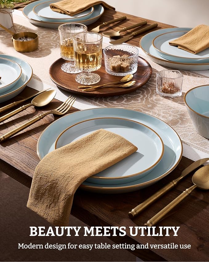 Famiware Saturn Stoneware Dinnerware Sets for 8 (24 Pieces), Ceramic Plates and Bowls Dish Sets with Hand-Painted Trim - Chip & Scratch Resistant, Microwave & Dishwasher Safe Tableware, Light Blue