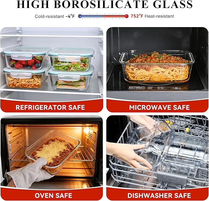LOVYANXUE 4 Pack 52oz Large Glass Food Storage Containers with Lids, Meal Prep Containers with Airtight Lid for Storing, Baking, Serving, BPA-Free, Freezer, Microwave, Oven & Dishwasher Safe