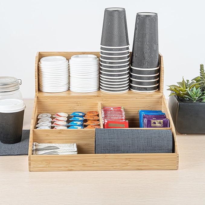 Restaurantware-15 x 14.25 x 9.25 Inch Coffee Condiment Organizer, 1 Countertop Tea Station Organizer - 3 Shelf, Heavy-Duty, Bamboo Coffee Bar Holder, For Breakrooms, Offices, or Homes,