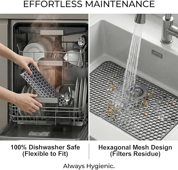 Silicone Sink Protectors for Kitchen - Non-Slip Heat Resistant Grid Mat for Farmhouse Porcelain Stainless Steel, Protects & Cushions Your Sink (Gray 1PCS, 26"x14" Rear Drain)