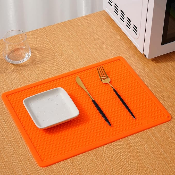 Silicone Drying Mat & Heat Resistant Mat for Kitchen Counter, Non-Slip Dishwasher Safe, Raised Edge for Dishes Bottles Sink (25.5x17.7in, Orange)