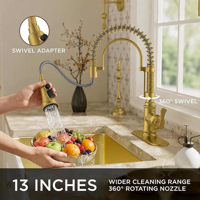 FORIOUS Gold Kitchen Faucet with Pull Down Sprayer, Stainless Steel Single Handle Spring Antique Brass Kitchen Sink Faucet with Deck Plate for 1 or 3 holes, Sutiable for Farmhouse, RV, Camper, Wet Bar
