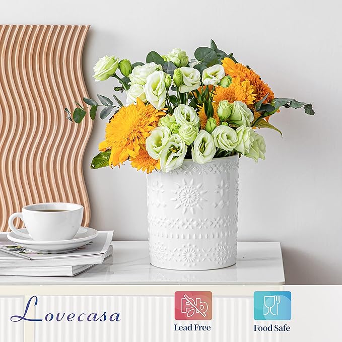 LOVECASA 7.2" Ceramic Utensil Holder, Farmhouse Countertop Crock, White | 7.2 Inch Size, Ceramic Build, Heavy Sturdy Base, Countertop Organization, Farmhouse Style, White Finish