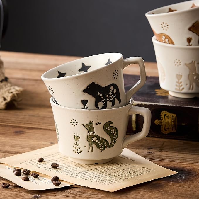 12 oz Vintage Ceramic Coffee Mug Set of 4 - Handmade Stoneware Pottery Countryside Farmhouse Fall Autumn Tea Mugs with Big Handle for Latte,Cocoa,Dishwasher & Microwave Safe Cups (Animals)