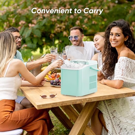 DUMOS Countertop Ice Maker with Handle, 26lbs/24H Portable Ice Machine, 9 Bullet Cubes Ready in 6 Mins, Self-Cleaning, Quiet Compact for Home, Kitchen, RV, Camping, Bright Green