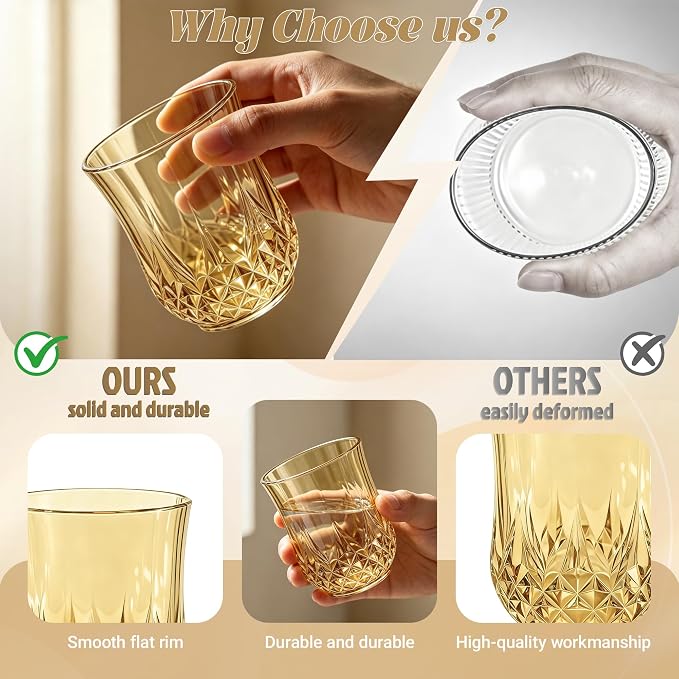 24 Pack Plastic Stemless Wine Glasses,12oz Unbreakable Vintage Elegant Drinking Glass Set,Reusable Fancy Cocktail Cups for Party, Wedding, and Bulk Events (24, 12oz-Gold)