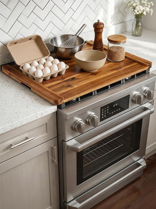 TIDITA Acacia Wooden Stove Top Cover - 29.5x21.7 Noodle Board Stove Cover - Stove Top Cover For Gas Stove, Electric Stove/Countertop - Gas Stove Cover Board with Recessed Handles, No Assembly Required