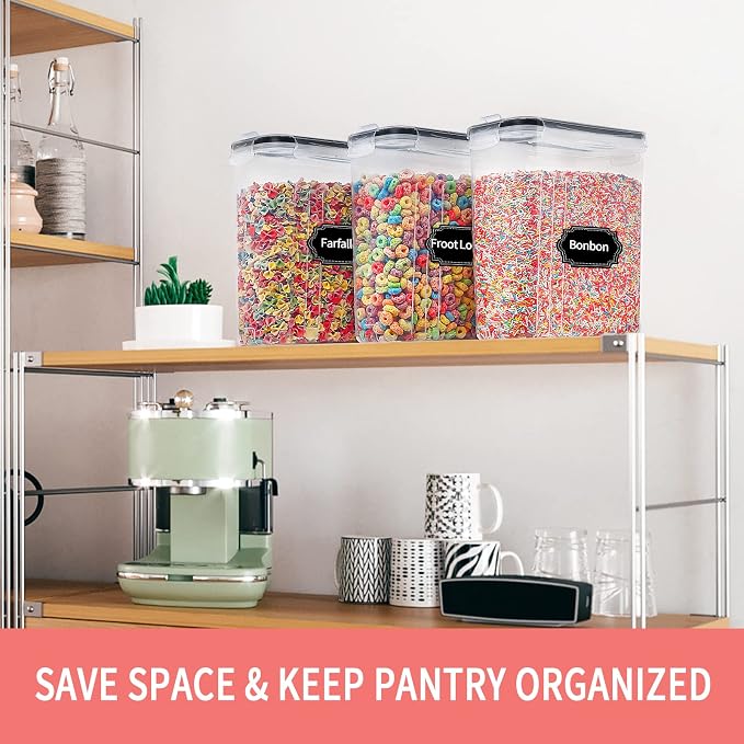 PRAKI Cereal Containers Storage Set (4L,135.2 Oz), 8PCS Airtight Food Storage Containers with Lids for Kitchen & Pantry Organizers and Storage, Cereal Dispensers with 20 labels, Measuring Cup & Marker