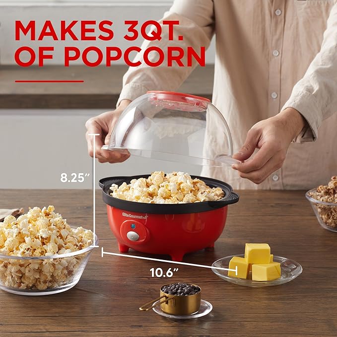 Elite Gourmet EPM330R Automatic Stirring Ceramic Nonstick 12-cup Popcorn Maker, Hot Oil Popcorn Machine w/Measuring Cap & Built-in Reversible Serving Bowl, Great for Home Party, ETL Approved, Red