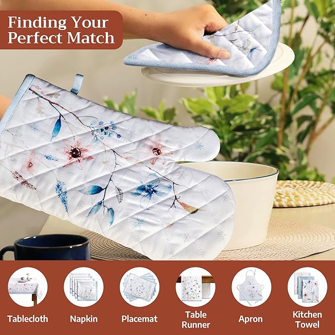 Maison d' Hermine Pot Holders 100% Cotton Heat Resistant Potholders 8" x 8" Hot Pads with Loop for Thanksgiving Christmas Decorations BBQ Cooking Baking Handling Hot Pans (Pack of 1, Ice Florals)