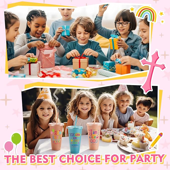 Uiifan 10 Pcs Morandi Christian Cups for Kids, Vacation Bible School Gifts 24oz Pastel Reusable Plastic Tumblers with Lids Straws, Bible Verse Party Cups for Sunday School, Classroom and Holiday Gifts