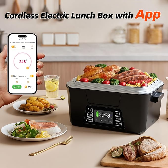 Vabaso Cordless Electric Lunch Box for Adults, App Control Heated Lunch Box with Detachable Battery, 1.2L Self Heating Lunch Box with Timer, Memory & Auto Keep Warm for Work Travel Outdoor