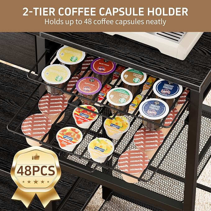 Coffee Bar with Integrated Storage,5-Tier Coffee Bar Cabinet with Drawers,Kitchen Coffee Bar Table with 2-Layer Capsule Drawer,for Living Room and Corner Kitchen Bar Table,Black
