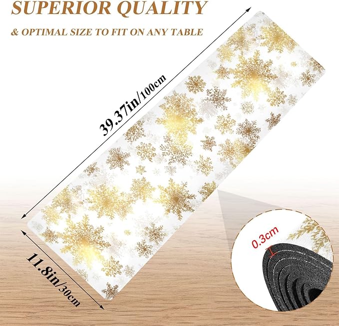 2 in 1 Table Runner Trivet for Hot Pots and Pans Heat Resistant Non Slip Waterproof 39 x 12 Inch Decorative Table Protector for Kitchen Countertop Yellow Gold Snowflake
