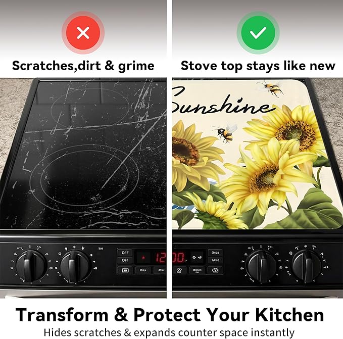 Decorative Stove Top Covers for Electric Stove 28"x20" – Heat Resistant Glass Cooktop Protector Dish Drying Mat – Non-Slip Rubber Backing Washer Top Cover Waterproof Extra Counter Space (Sunflower 2)