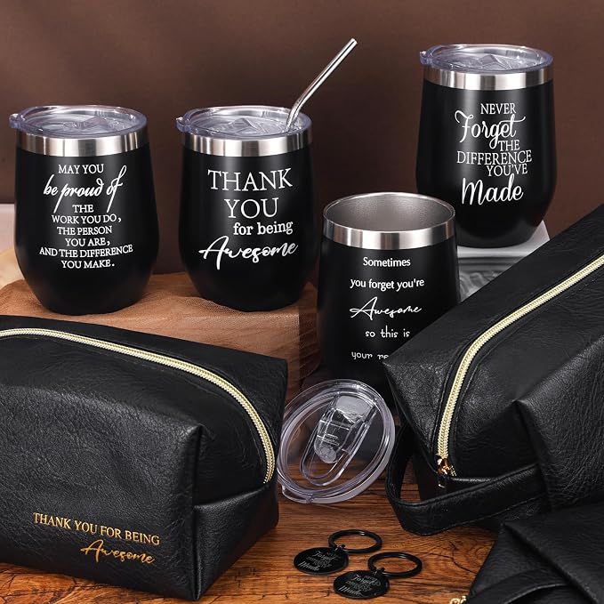 DERTE 4 sets Thank You Gift for Men Christmas Appreciation Gifts 12 oz Stainless Steel Tumbler with Toiletry Bag Inspirational Keychain for Male Teacher Employee Coworker Staff Fathers Day